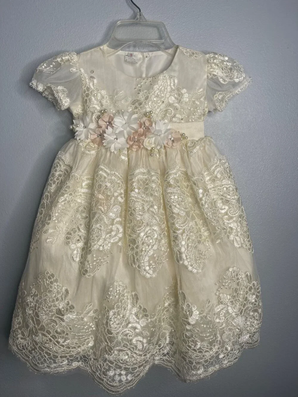 Fancy Flower Girl Toddler 3 Christening Wedding Lacy Dress Baptism Party Ivory